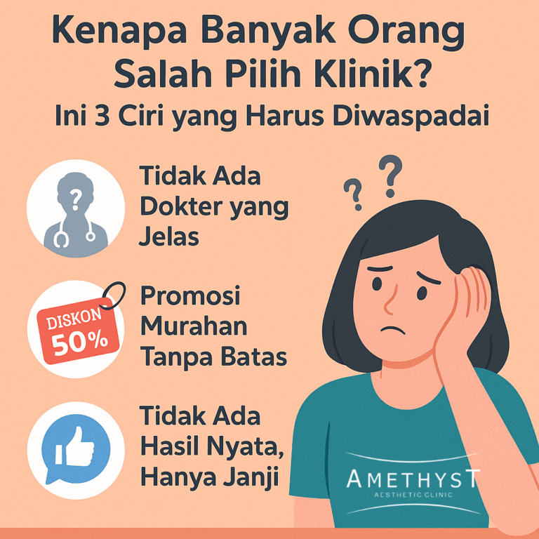 Ilustrasi wanita bingung dan daftar ciri klinik kecantikan berbahaya