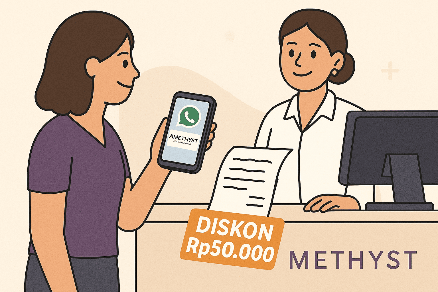 Pasien menunjukkan HP dengan WhatsApp Channel Amethyst kepada resepsionis dan mendapatkan diskon Rp50.000 di tagihan perawatan