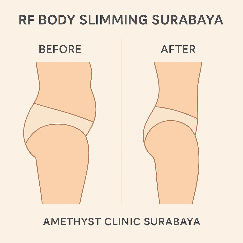 Before-after RF Body Slimming Surabaya menunjukkan perubahan kontur pinggang dan perut di Amethyst Clinic