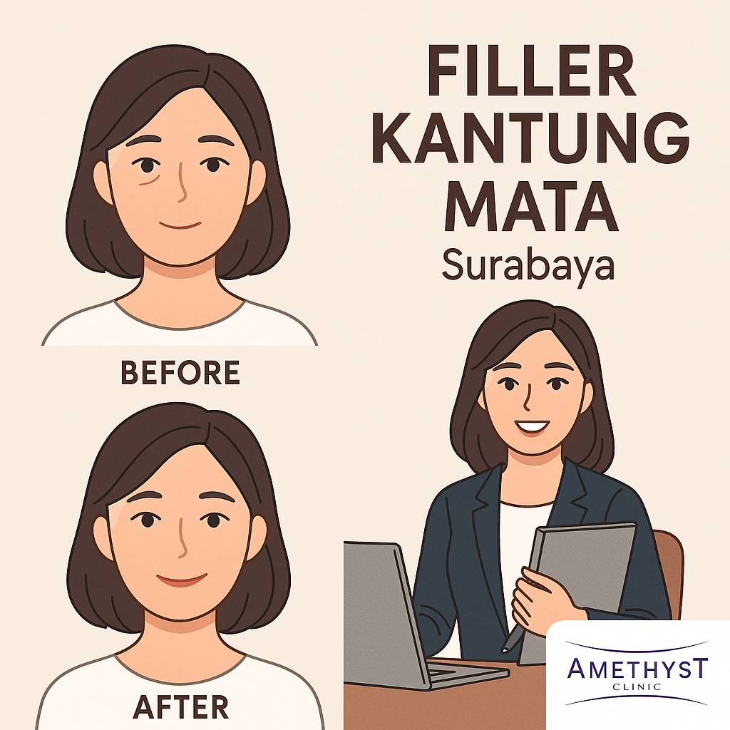 Before after filler kantung mata di Amethyst Clinic Surabaya – solusi tampilan fresh dan natural.