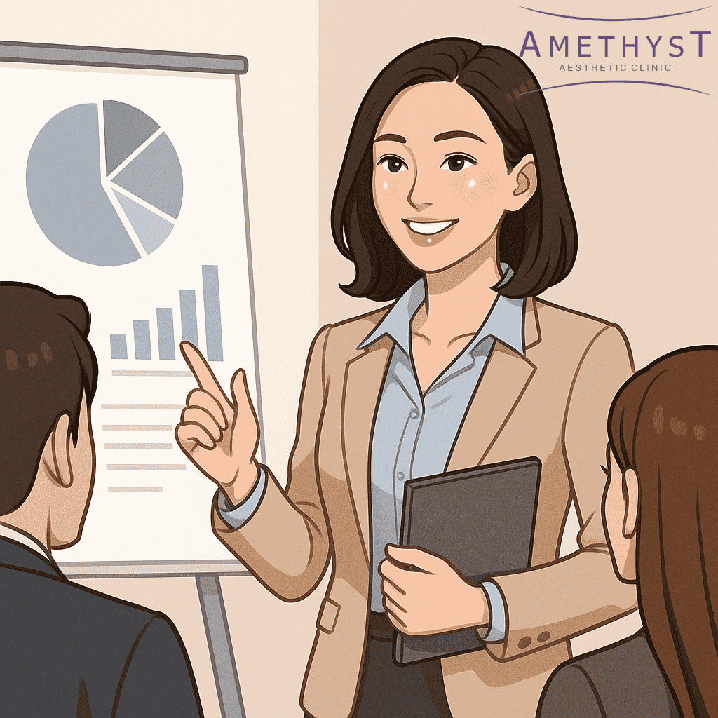 Eksekutif muda tampil percaya diri dalam presentasi setelah filler kantung mata di Amethyst Clinic Surabaya.