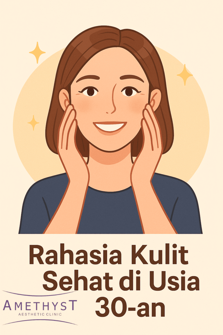 Ilustrasi wanita usia 30-an dengan kulit glowing sehat, percaya diri setelah perawatan di Amethyst Clinic Surabaya.