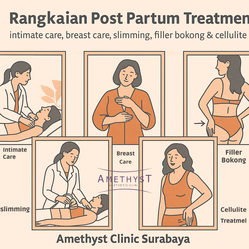 Ilustrasi rangkaian post-partum treatment Amethyst Clinic Surabaya: intimate care, breast care, slimming, filler bokong, dan cellulite treatment