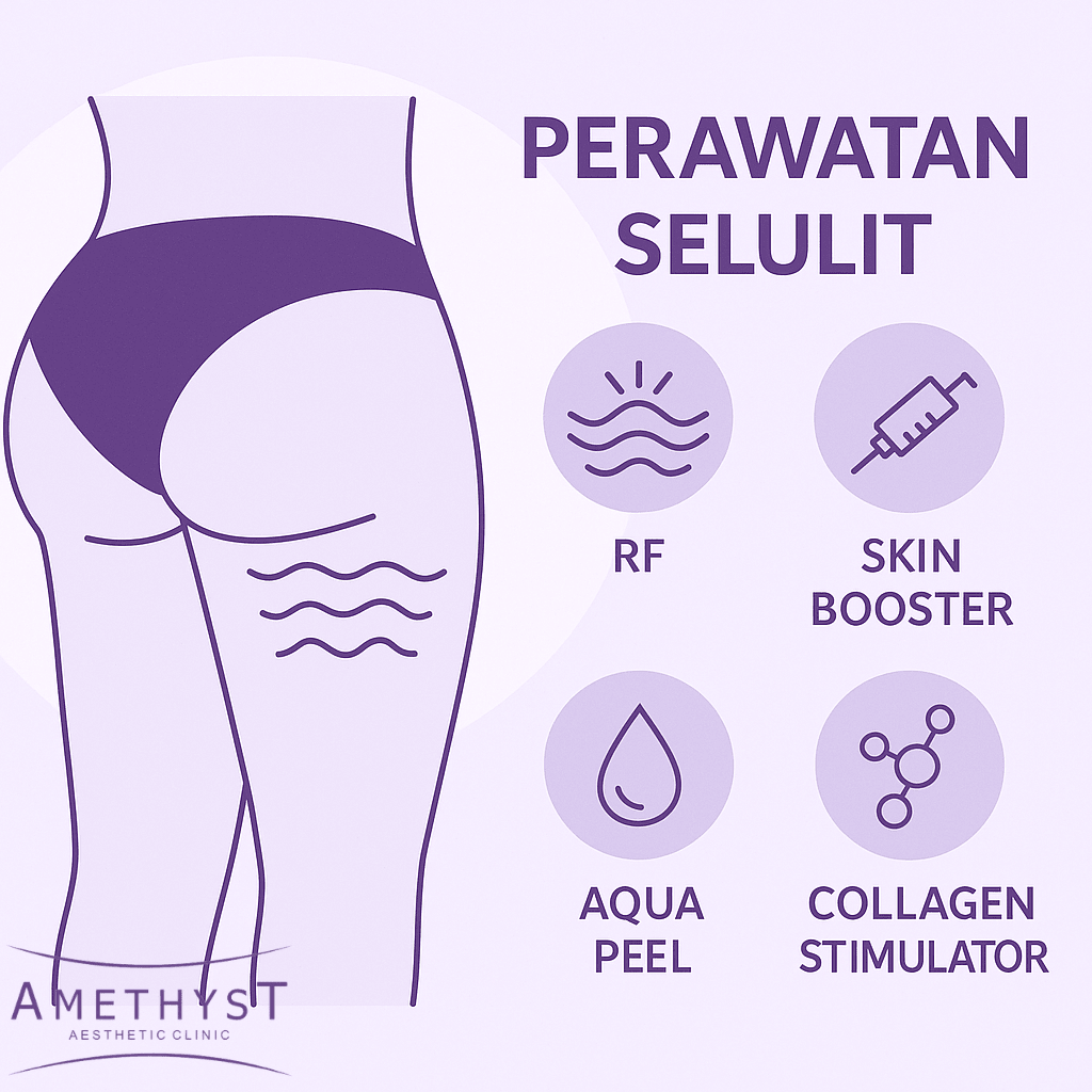 Ilustrasi perawatan selulit dengan ikon RF, skin booster, aqua peel, dan collagen stimulator di Amethyst Clinic Surabaya