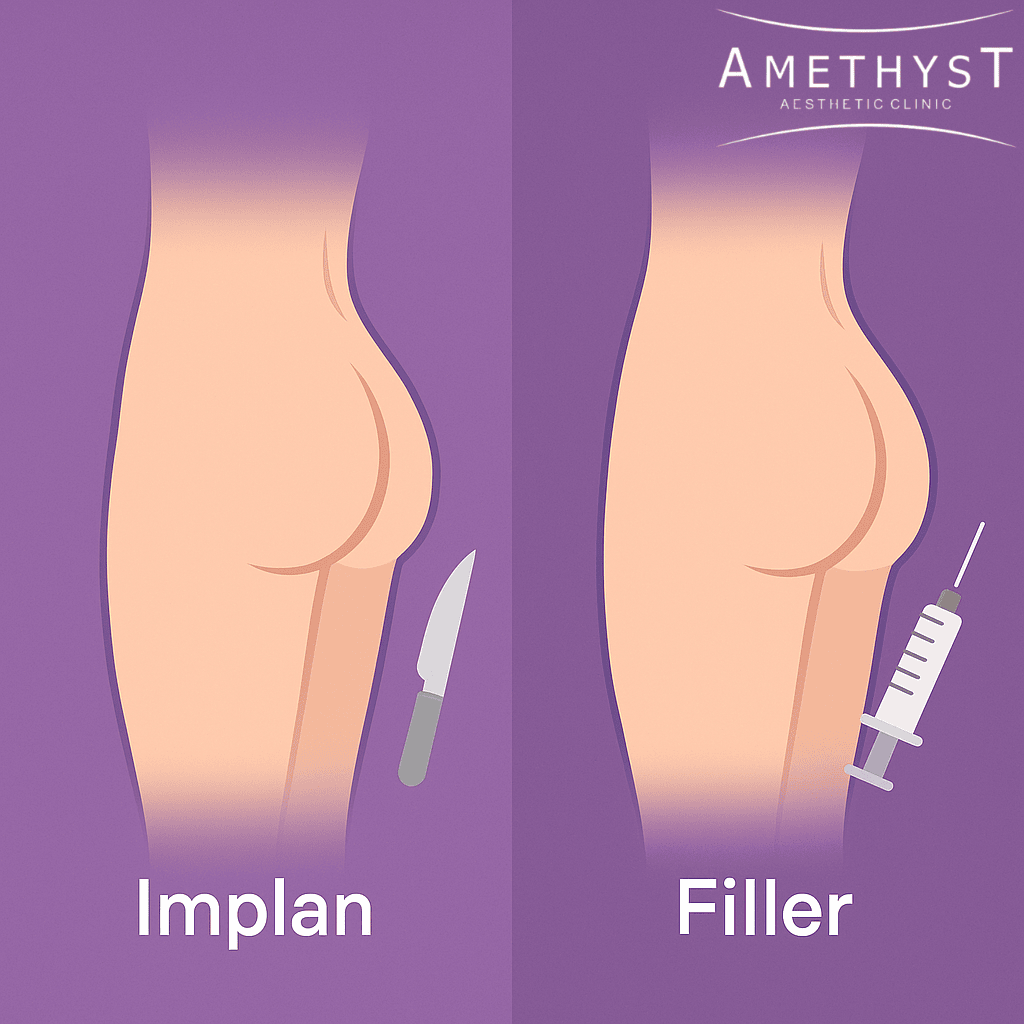 “Ilustrasi perbandingan bokong dengan implan bedah dan filler non-bedah di Amethyst Clinic Surabaya.”