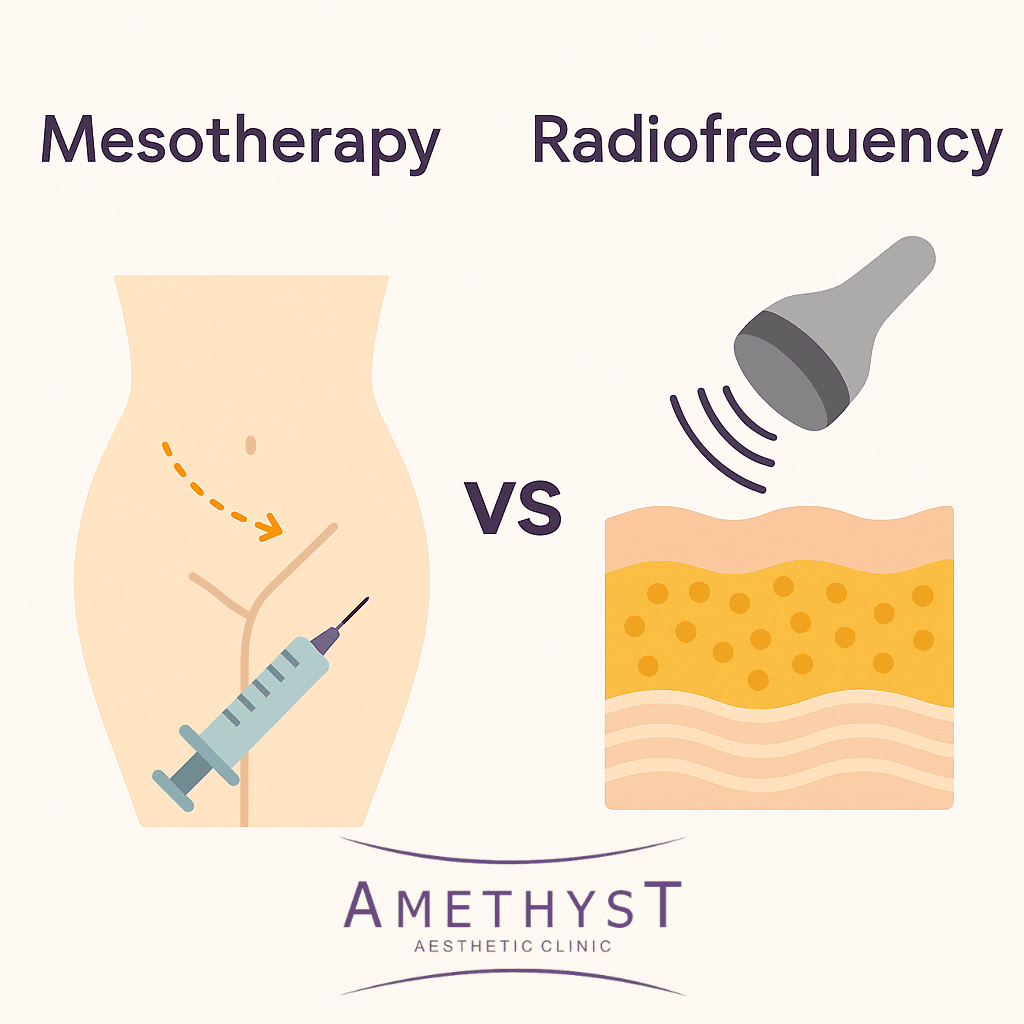 “Ilustrasi perbandingan Meso Slimming (syringe) dan RF (gelombang radio) untuk perawatan tubuh di Amethyst Clinic Surabaya.”