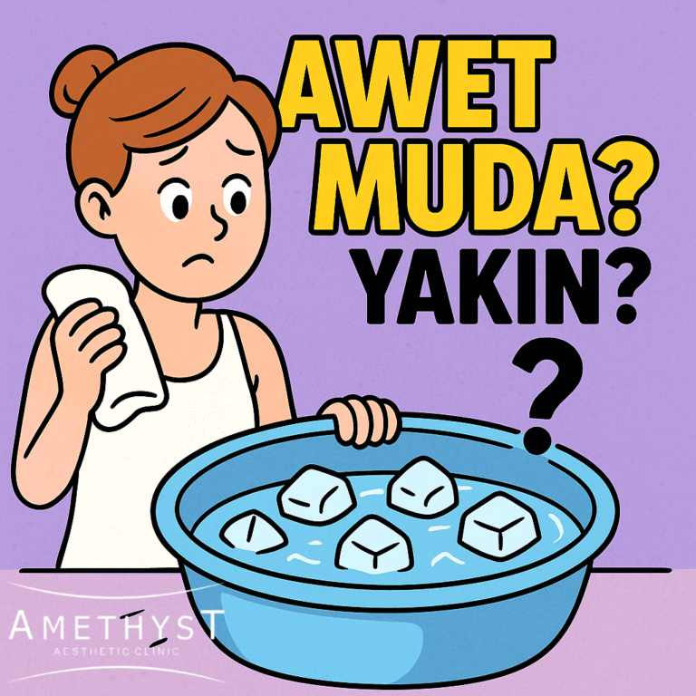ilustrasi lucu wanita memegang handuk menatap baskom berisi es batu dengan ekspresi ragu