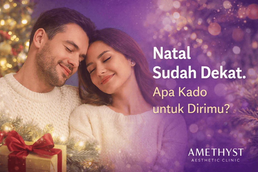 Ilustrasi hangat bertema Natal tentang kado untuk diri sendiri, menggambarkan self-care wajah dan tubuh dengan logo Amethyst Aesthetic Clinic.