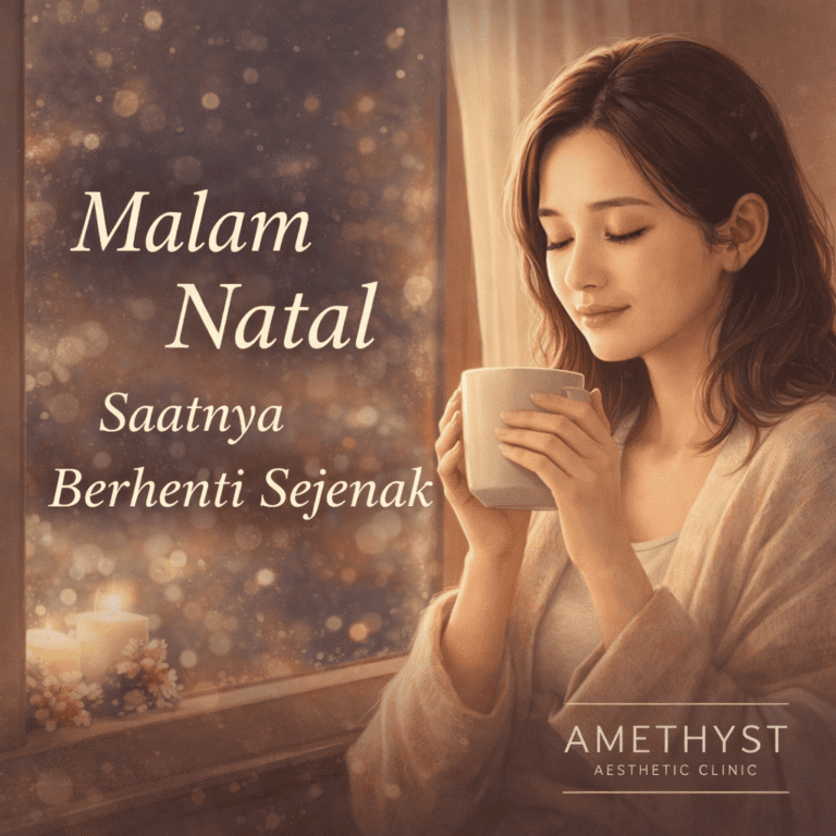 Ilustrasi wanita menikmati momen tenang malam Natal sebagai simbol self care dan refleksi akhir tahun di Amethyst Clinic