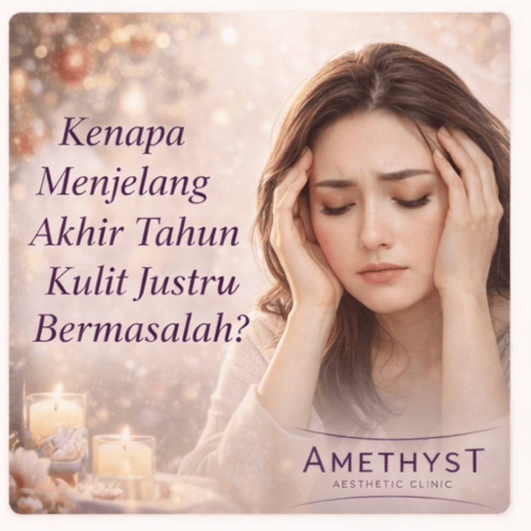 Ilustrasi wanita dengan kulit bermasalah akibat stres dan aktivitas akhir tahun di Amethyst Clinic