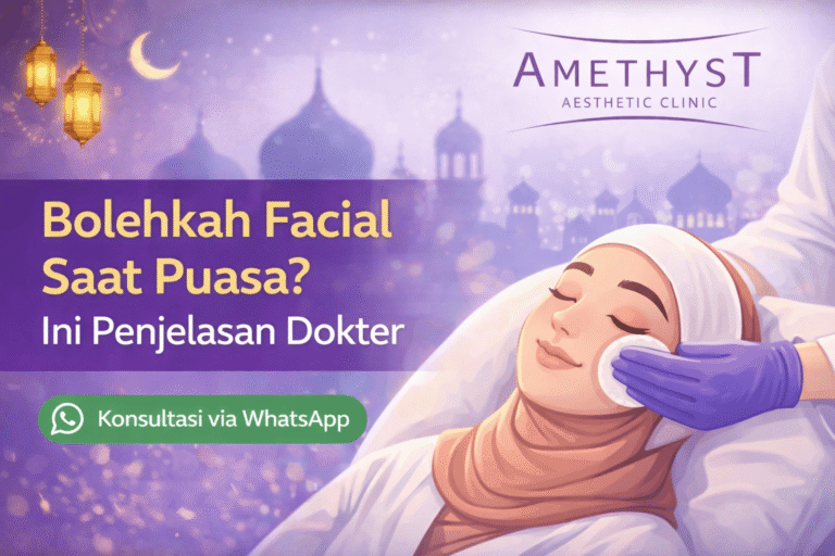 Ilustrasi wanita berhijab dengan kulit glowing dan perawatan wajah menjelang puasa di Amethyst Aesthetic Clinic Surabaya