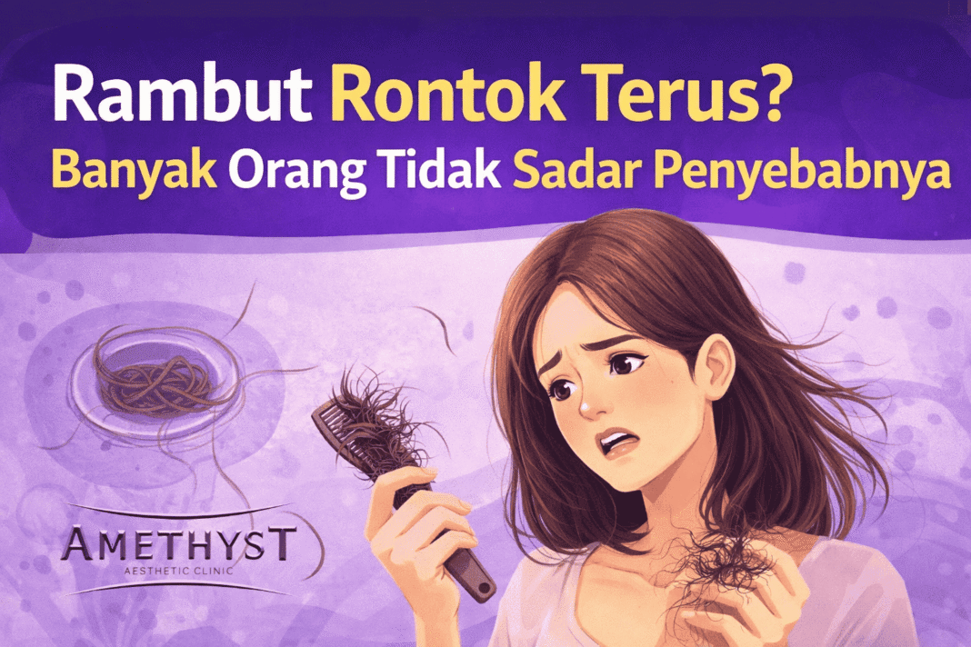 Ilustrasi wanita mengalami rambut rontok saat menyisir rambut, membahas penyebab rambut rontok dan perawatan rambut di klinik kecantikan