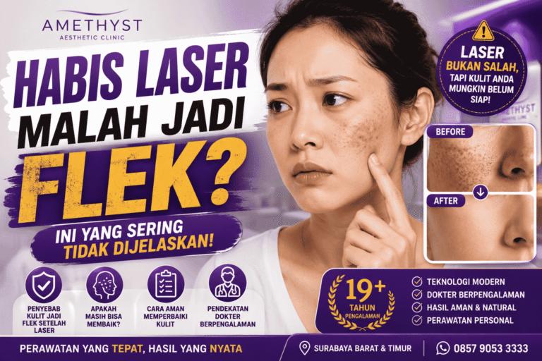 wanita mengalami flek dan kulit menghitam setelah laser wajah di klinik kecantikan dengan edukasi laser dan perawatan kulit di amethyst clinic surabaya