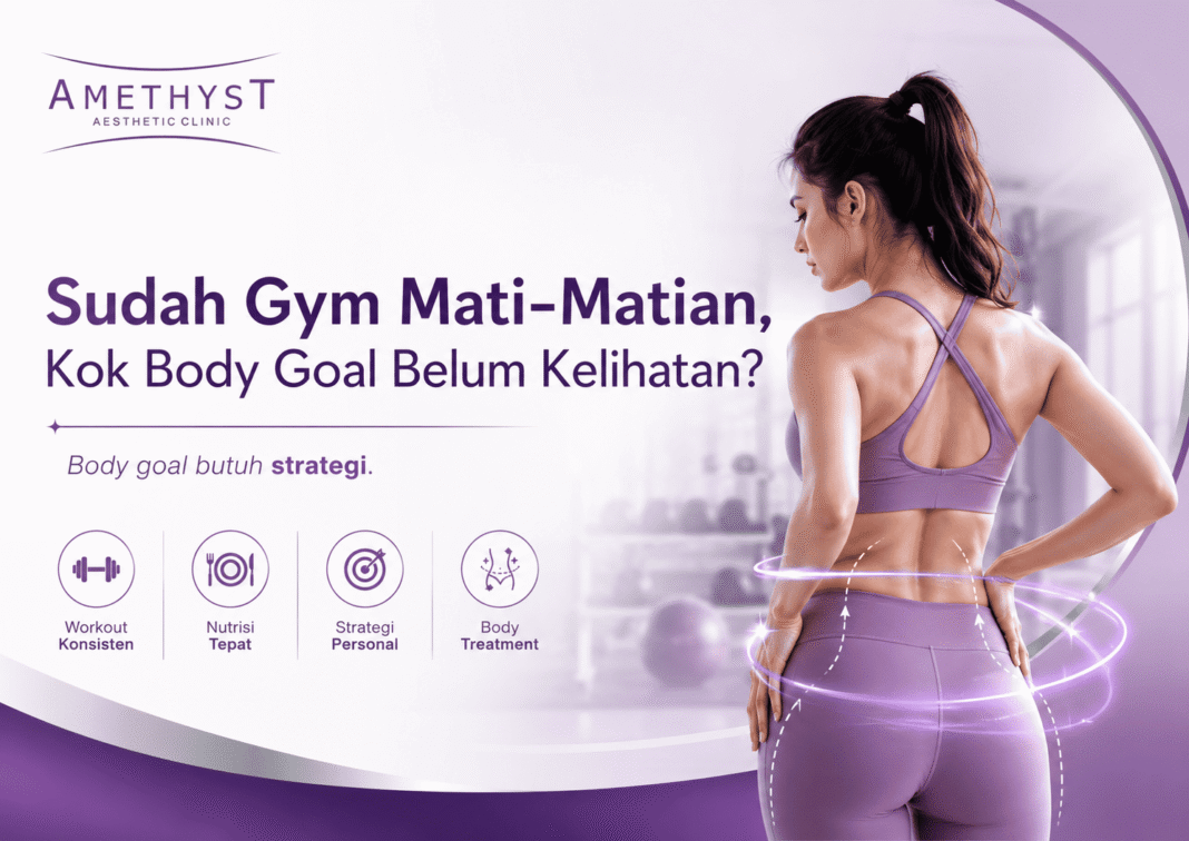 wanita olahraga di gym tapi body goal belum terlihat dengan edukasi body contouring dan slimming treatment di Amethyst Clinic Surabaya