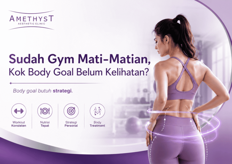 wanita olahraga di gym tapi body goal belum terlihat dengan edukasi body contouring dan slimming treatment di Amethyst Clinic Surabaya