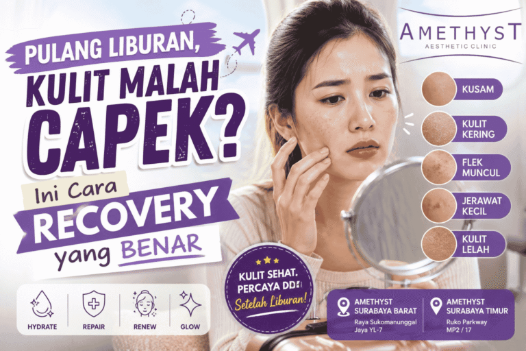 wanita mengalami kulit kusam kering flek dan jerawat kecil setelah liburan dengan edukasi recovery kulit di Amethyst Clinic Surabaya