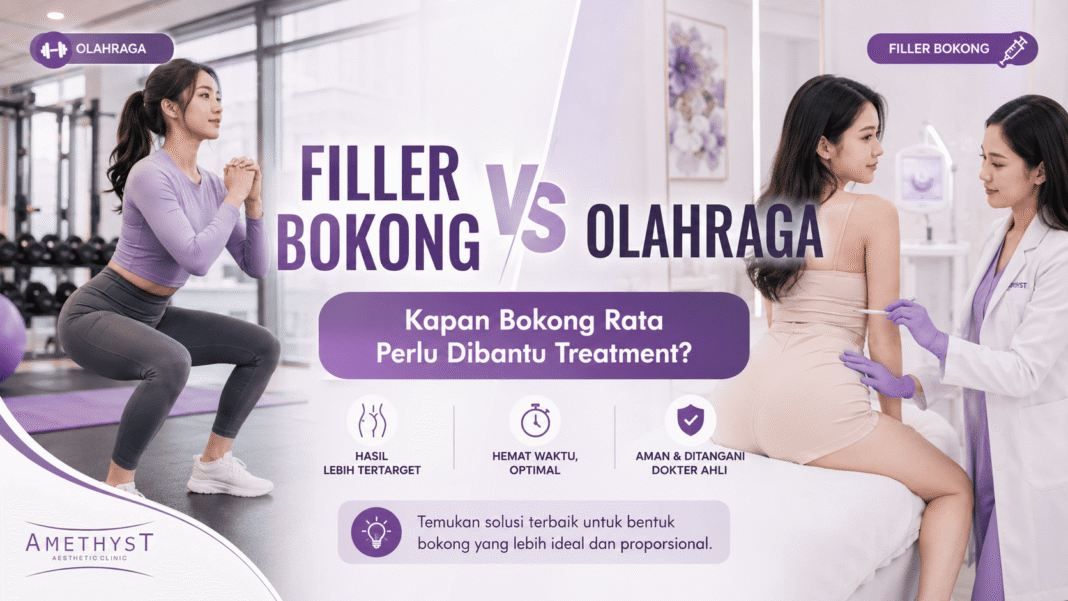 Ilustrasi perbandingan filler bokong dan olahraga untuk membantu mengatasi bokong rata di Amethyst Aesthetic Clinic Surabaya