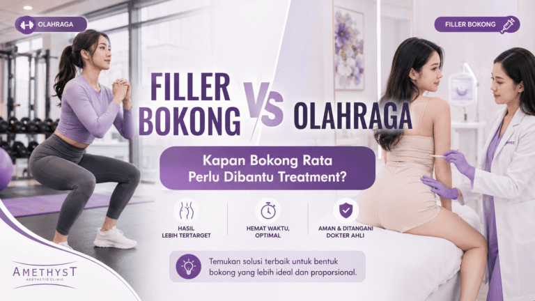 Ilustrasi perbandingan filler bokong dan olahraga untuk membantu mengatasi bokong rata di Amethyst Aesthetic Clinic Surabaya