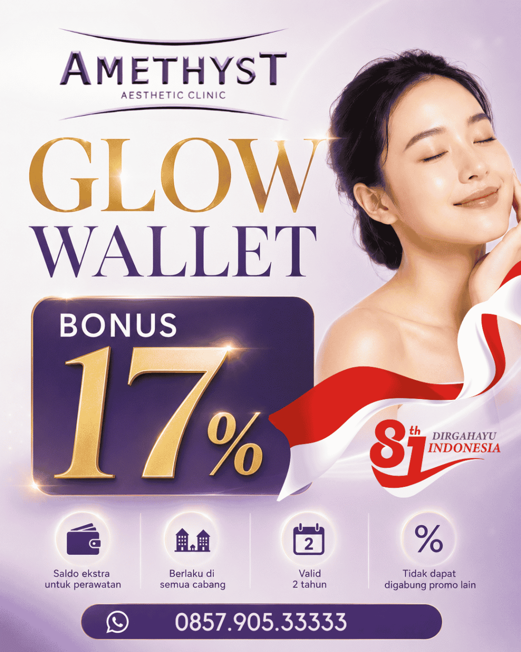 Merdeka Glow Wallet Amethyst Clinic dengan bonus saldo 17 persen selama Agustus