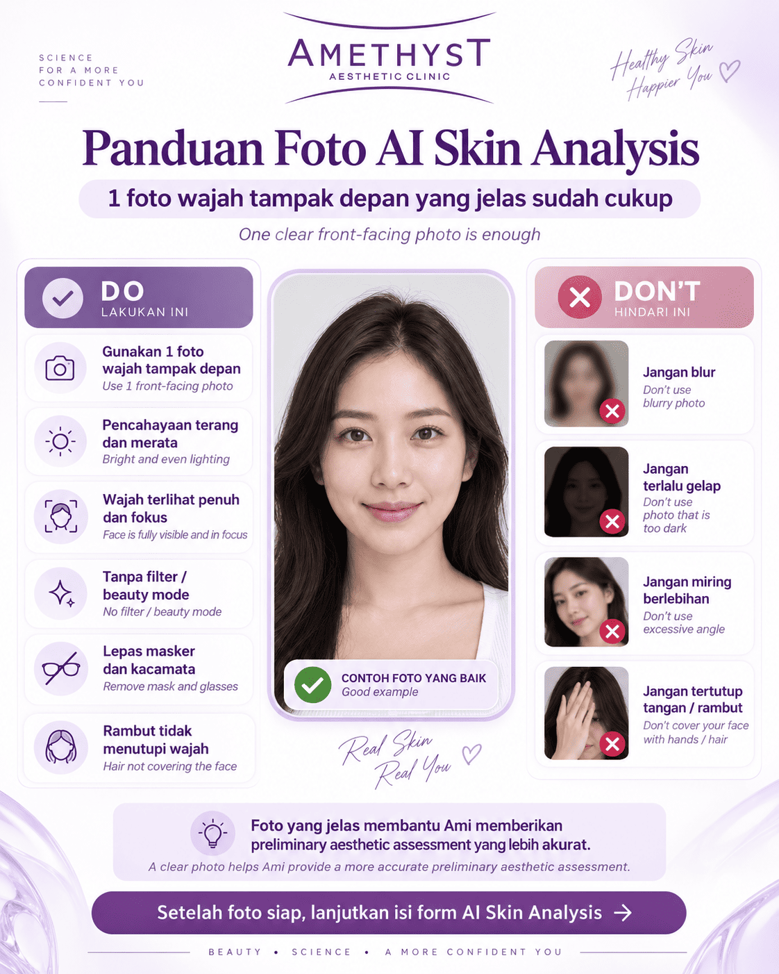 Panduan foto AI Skin Analysis Amethyst dengan contoh foto wajah yang jelas untuk analisis awal